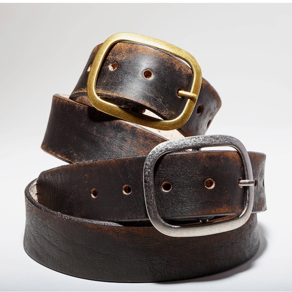 Vintage Distressed Black Brown Leather Belt - 100% Real Leather Full Grain Veg Tan Aged with Antique Silver or Brass Buckle