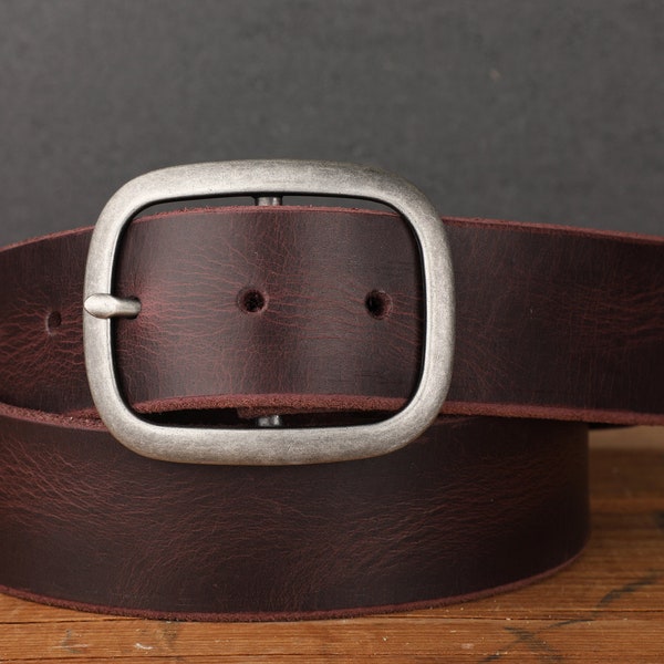 Oxblood Purple Maroon Leather Belt with Antique Silver Buckle - Handmade in USA Groomsmen Wedding Gift - Full Grain Unisex Snap Belt