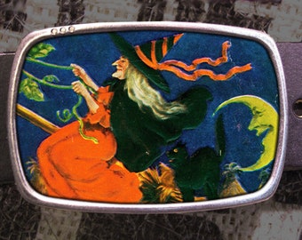 Vintage Halloween Witch Woman Belt Buckle Black Cat Moon Ghost Broom Gift for Him Gift for Her Husband Wife Gift Vintage Postcard Y2K