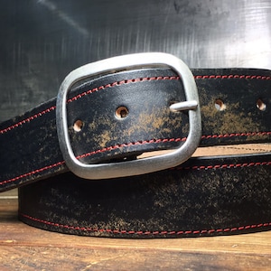 Vintage Aged Distressed Leather Belt, Red Stitched - Snap Belt - Handmade in USA Groomsmen Wedding - Black Brown Brass or Silver Buckle Gift