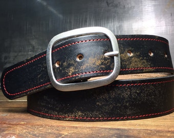 Vintage Aged Distressed Leather Belt, Red Stitched - Snap Belt - Handmade in USA Groomsmen Wedding - Black Brown Brass or Silver Buckle Gift