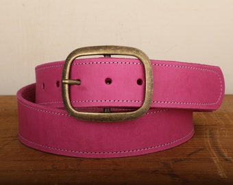 Pink Leather Belt with White Stitch and Snap Closure - Handmade in USA - Unisex Wide Antique Gold Tone Brass Buckle