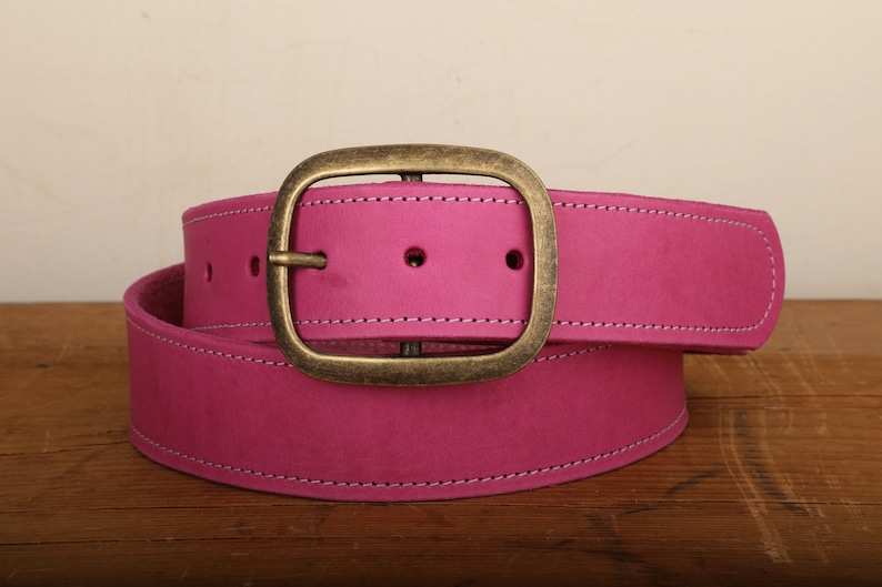 Pink Leather Belt with White Stitch and Snap Closure Handmade in USA Unisex Wide Antique Gold Tone Brass Buckle image 1