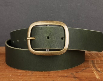 Wide Dark Green Leather Belt with Brass Buckle - Minimalist Design, Easy Buckle Switch with Snap Closure in Water Buffalo