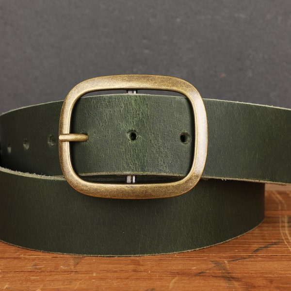 Wide Dark Green Leather Belt with Brass Buckle - Minimalist Design, Easy Buckle Switch with Snap Closure in Water Buffalo