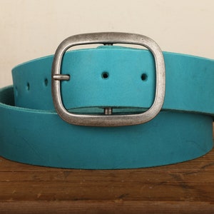 Turquoise Leather Belt Snap Closure Handmade in USA Unisex Wide Antique Silver Tone Nickel Buckle image 1