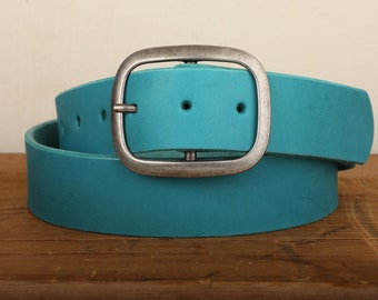 Turquoise Leather Belt Snap Closure - Handmade in USA - Unisex Wide Antique Silver Tone Nickel Buckle