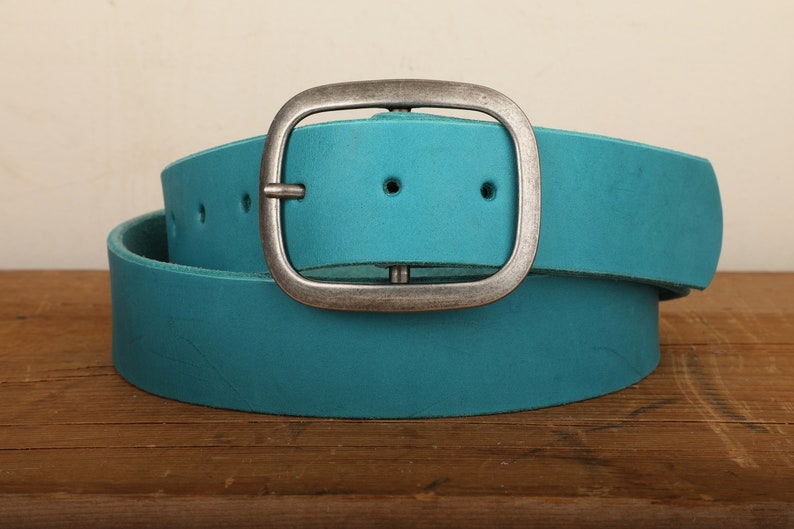 Turquoise Leather Belt Snap Closure Handmade in USA Unisex Wide Antique Silver Tone Nickel Buckle image 1