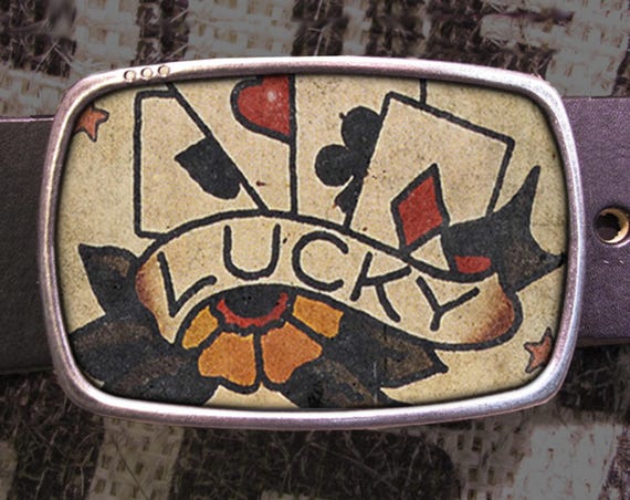 Lucky Tattoo Belt Buckle, Vintage-Inspired Poker Player Gift, Rockabilly Flash Art for Leather Snap Belt
