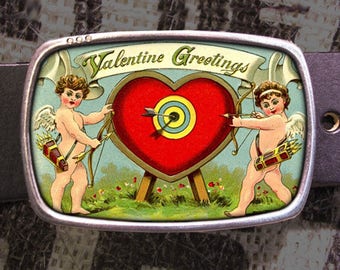Valentine's Day Belt Buckle, Cupid Heart Love Arrow Vintage Cherub Greeting Card, Valentine Gift for Him or Her Husband Wife Gift Y2K