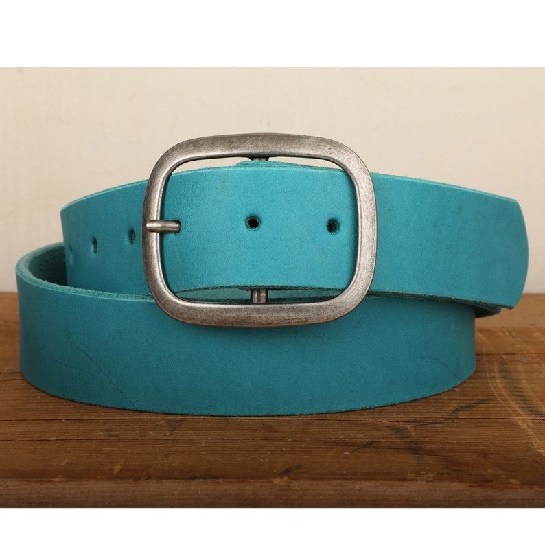 Turquoise Leather Belt Snap Closure Handmade in USA Unisex Wide Antique Silver Tone Nickel Buckle image 2