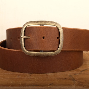 Peanut Dark Brown Leather Belt with Antique Brass Buckle - Handmade in USA - Full Grain Unisex Snap Belt