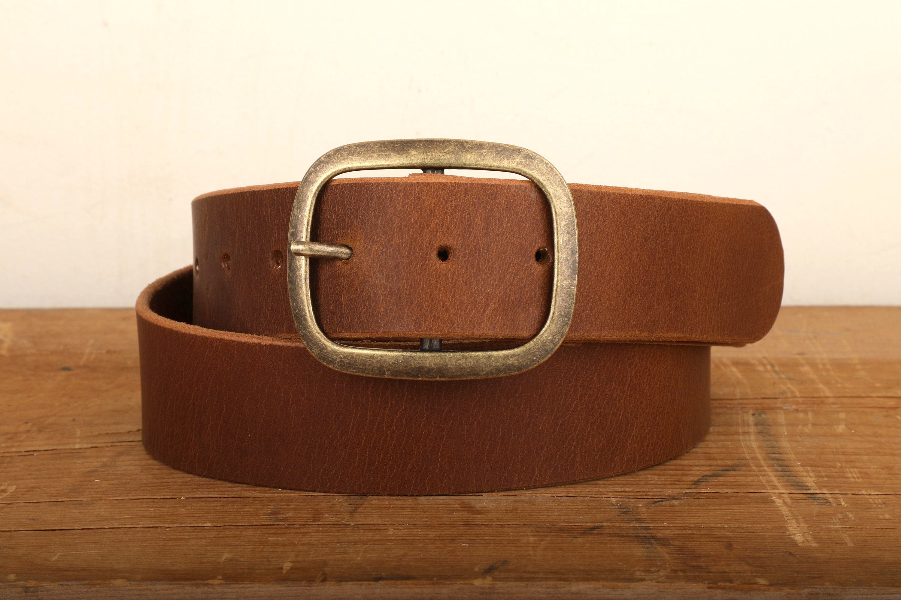 Peanut Dark Brown Leather Belt with Antique Brass Buckle - Handmade in USA - Full Grain Unisex Snap Belt