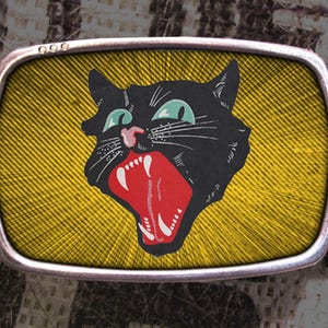 Black Cat Belt Buckle, Scaredy Screaming Meow Kitty Cat, Halloween Vintage Inspired 791 Groomsmen Wedding Y2K Halloween Belt Buckle