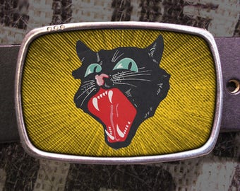 Black Cat Belt Buckle, Scaredy Screaming Meow Kitty Cat, Halloween Vintage Inspired 791 Groomsmen Wedding Y2K