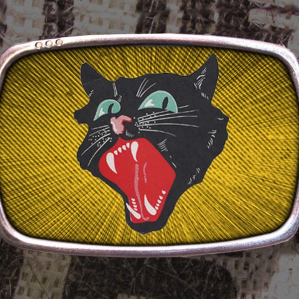 Black Cat Belt Buckle, Scaredy Screaming Meow Kitty Cat, Halloween Vintage Inspired 791 Groomsmen Wedding Y2K