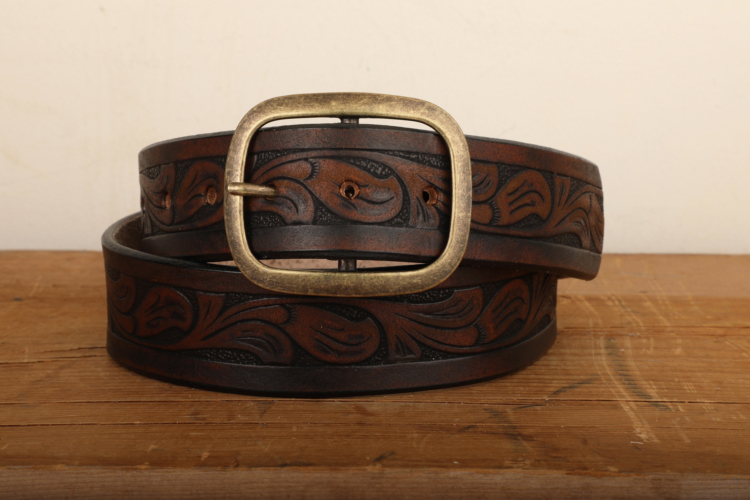 Western Embossed Leather Belt, Vintage Aged Black Brown