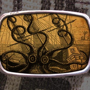 Octopus Attacks-gesp, vintage geïnspireerde gesp met krakenprint, cadeau voor piraat