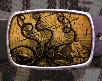 Octopus Attacks Belt Buckle, Vintage Inspired Kraken Print Belt Buckle, Gift for Pirate
