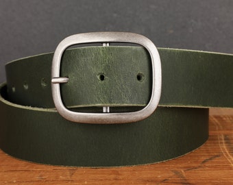 Forest Green Leather Belt  Antique Silver Buckle Handmade in USA Groomsmen Wedding Gift Full Grain Water Buffalo Unisex Vintage Snap Belt