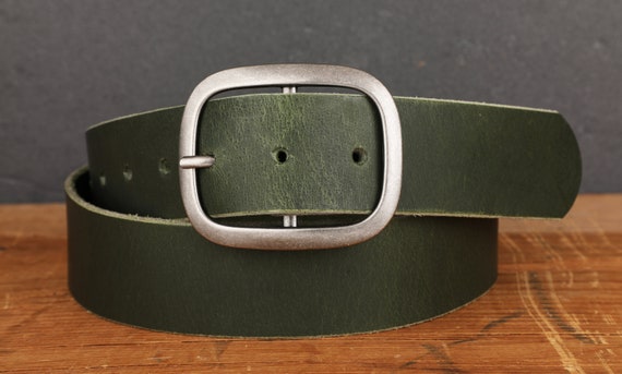 Forest Green Leather Belt  Antique Silver Buckle Handmade in USA Groomsmen Wedding Gift Full Grain Water Buffalo Unisex Vintage Snap Belt