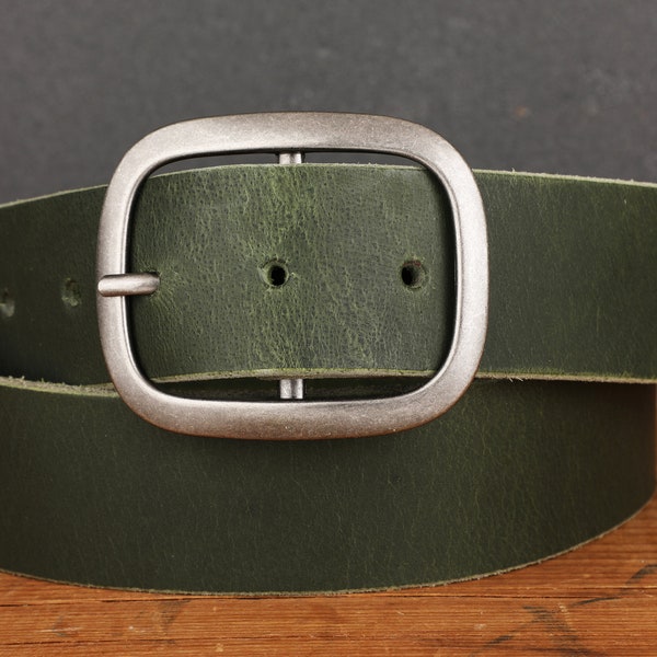 Forest Green Leather Belt  Antique Silver Buckle Handmade in USA Groomsmen Wedding Gift Full Grain Water Buffalo Unisex Vintage Snap Belt