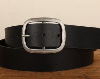 Black Leather Snap Closure Belt - Handmade in USA - Groomsmen Wedding Unisex Full Grain Leather Belt - Antique Silver Buckle