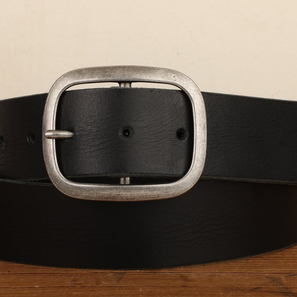 Black Leather Snap Closure Belt - Handmade in USA - Groomsmen Wedding Unisex Full Grain Leather Belt - Antique Silver Buckle