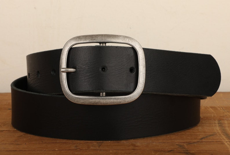 Black Leather Snap Closure Belt Handmade in USA Groomsmen Wedding Unisex Full Grain Leather Belt Antique Silver Buckle image 1