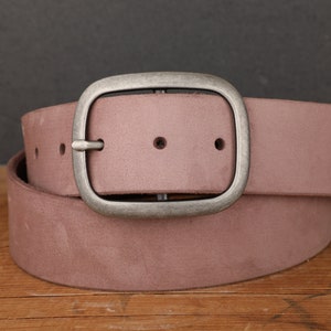 Mauve Nubuck Neutral Leather Belt with Antique Silver Buckle - Handmade in USA Groomsmen Wedding Gift - Full Grain Suede Unisex Snap Belt