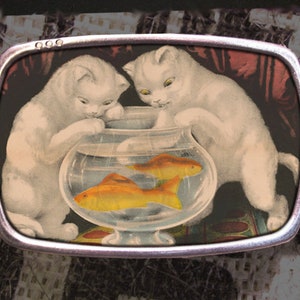 Kittens Fishing Belt Buckle, Vintage Inspired, Victorian Illustration Gift for Him or Her Husband Wife Gift Cats Fishbowl Goldfish Meow Y2K