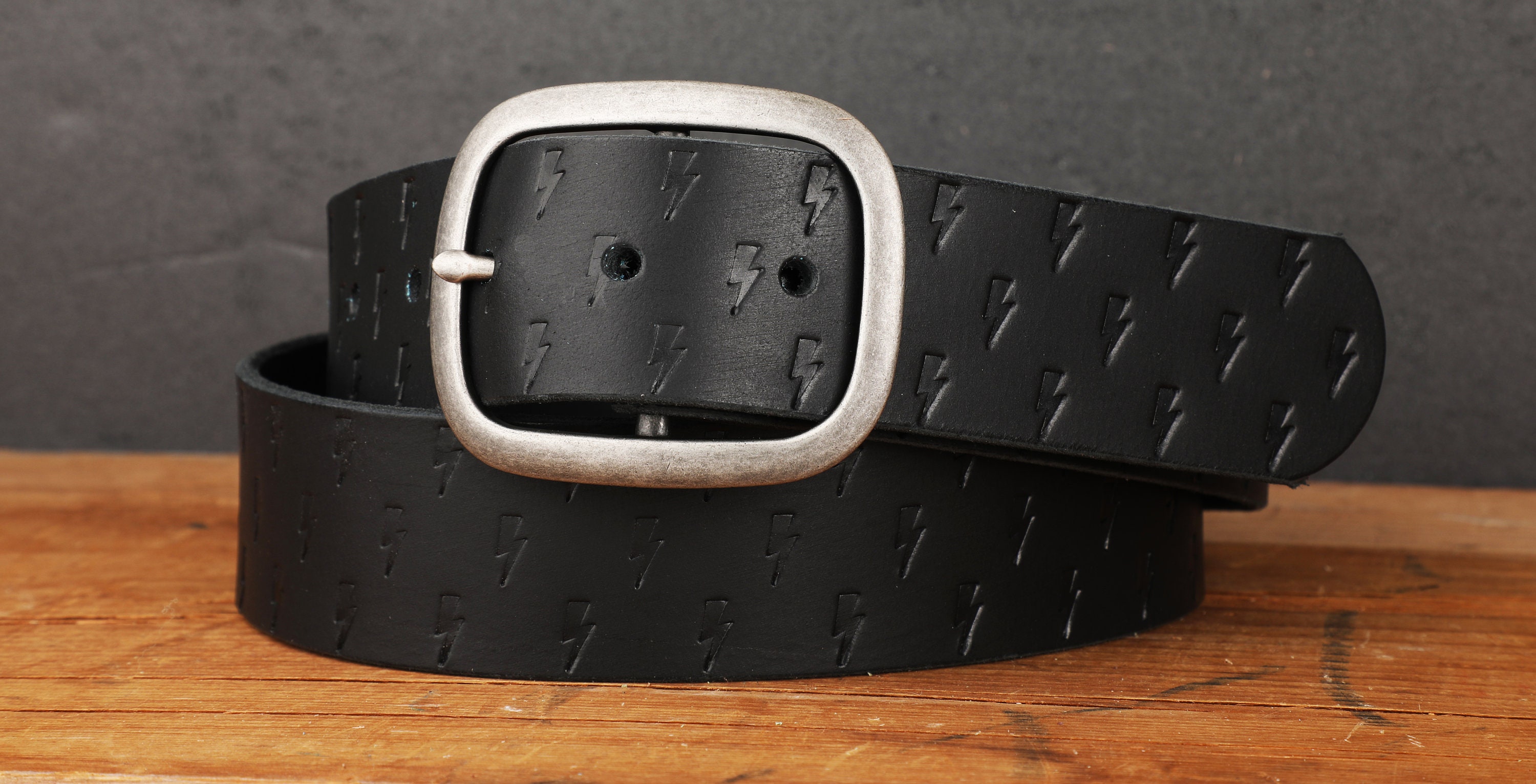 Black Leather Belt: Lightning Bolt Embossed Design - Full Grain, Handmade