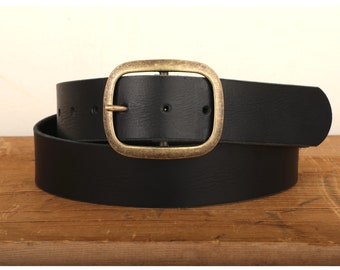 Black Leather Belt Snap Closure - Handmade in USA - Groomsmen Wedding Unisex Full Grain Leather Belt - Antique Brass Belt Buckle