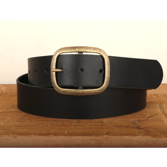 Black Leather Belt Snap Closure Handmade in USA Groomsmen Wedding  Unisex Full Grain Leather Belt Antique Brass Belt Buckle