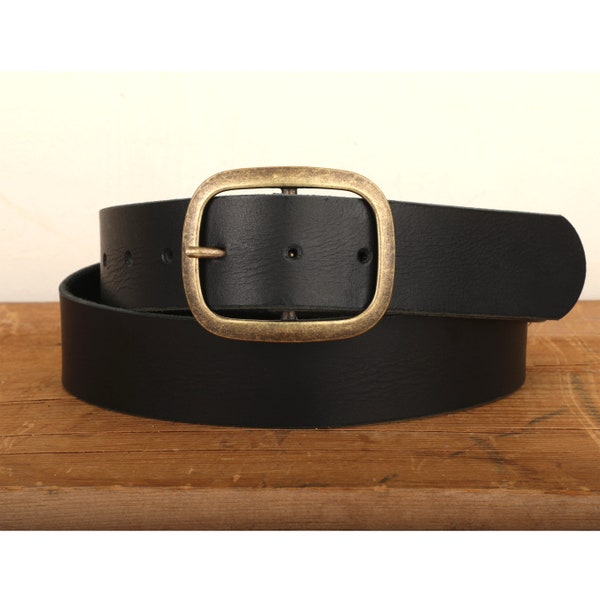 Black Leather Belt Snap Closure - Handmade in USA - Groomsmen Wedding Unisex Full Grain Leather Belt - Antique Brass Belt Buckle