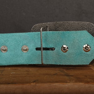 Turquoise Leather Belt Snap Closure Handmade in USA Unisex Wide Antique Silver Tone Nickel Buckle image 5