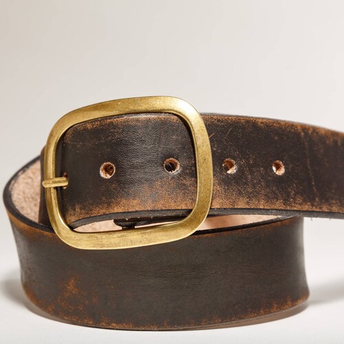 Vintage Distressed Leather Snap Belt, Brass Buckle -  Handmade in USA Groomsmen Wedding, Gift for Him or Her, Full Grain Leather Belt Black