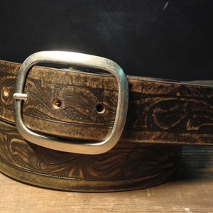 Western Embossed Leather Belt, Vintage Aged Black Brown Distressed ...