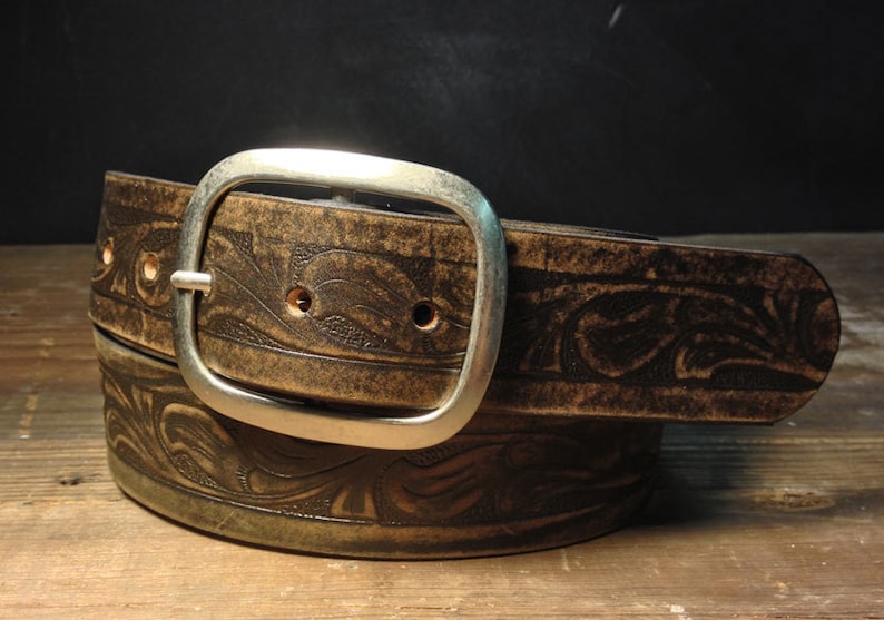 Western Embossed Leather Belt Vintage Aged Black Brown Etsy