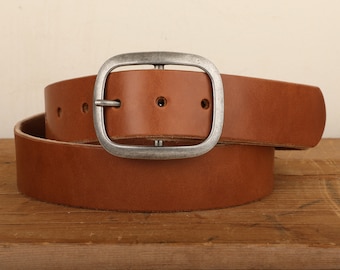 Medium Brown Bridle Leather Belt with Silver Buckle - Handmade in USA - Full Grain Unisex Belt