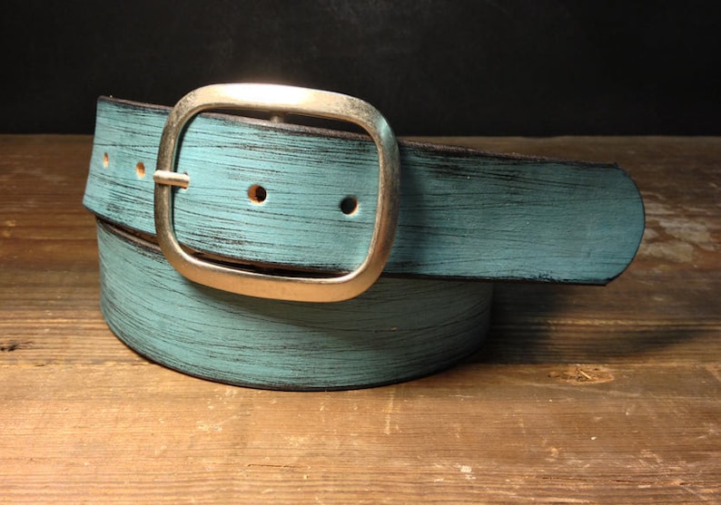 Blue Leather Belt Distressed Leather Belt Leather Snap Etsy
