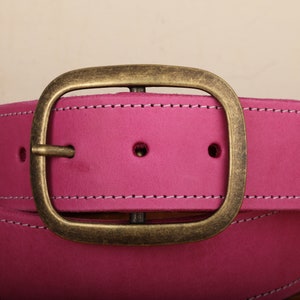 Pink Leather Belt with White Stitch and Snap Closure Handmade in USA Unisex Wide Antique Gold Tone Brass Buckle image 2