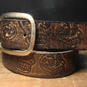 Sugar Skull Vintage Distressed Aged Leather Snap Belt  - Embossed Full Grain -  Handmade in USA Wedding Day of the Dead Dia De Los Muertos