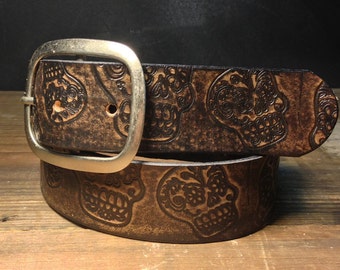 Sugar Skull Vintage Distressed Aged Leather Snap Belt  - Embossed Full Grain -  Handmade in USA Wedding Day of the Dead Dia De Los Muertos