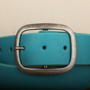 Turquoise Leather Belt Snap Closure Handmade in USA Unisex Wide Antique Silver Tone Nickel Buckle image 3