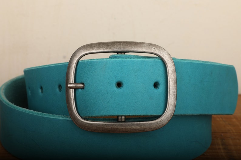 Turquoise Leather Belt Snap Closure Handmade in USA Unisex Wide Antique Silver Tone Nickel Buckle image 3