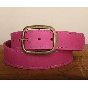 Pink Leather Belt with White Stitch and Snap Closure Handmade in USA Unisex Wide Antique Gold Tone Brass Buckle image 3