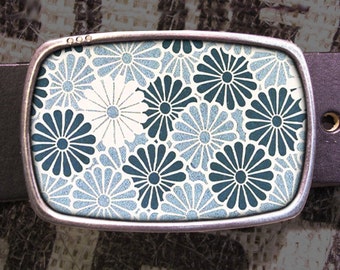 Blue Flower Pattern Belt Buckle, Vintage Inspired 544 Gift for Him or Her Husband Wife  Gift Groomsmen Wedding Y2K