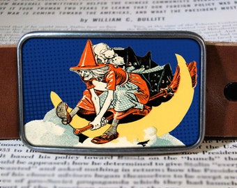 Vintage Halloween Witch Woman Belt Buckle Black Cat Moon Ghost Broom  Gift for Him Gift for Her Husband Wife Gift Vintage Decoration Y2K