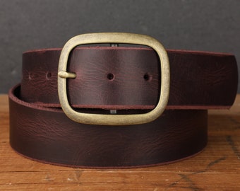 Oxblood Purple Maroon Burgundy Leather Belt with Antique Brass Buckle - Handmade in USA Groomsmen Wedding Gift - Full Grain Unisex Snap Belt